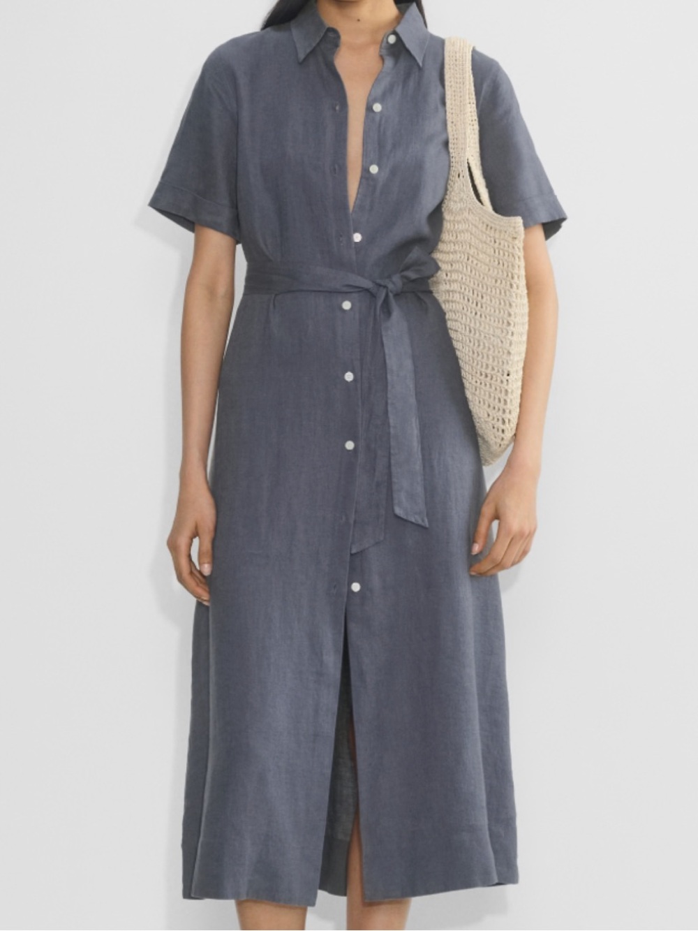 Aritzia Wilfred Slate Blue Button-Front linen Midi Shirt Dress